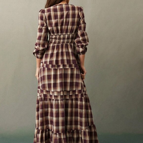 Burgundy Casual Women's Western Plaid Notch V-Neck Tiered Long Sleeve maxi Dress - Picture 5 of 5